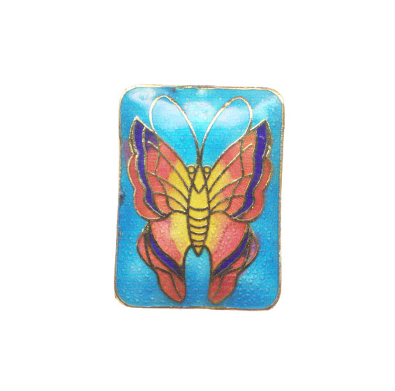 CLOISONNE BUTTERFLY RECTANGLE 30X40MM TURQUOISE PENDANT