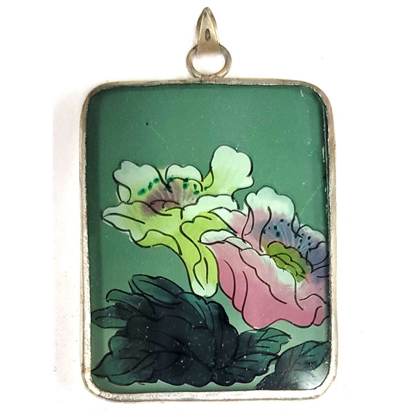 INSIDE PAINTED RECTANGLE 33X43MM FLOWERS PENDANT