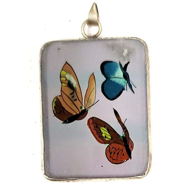 INSIDE PAINTED RECTANGLE 33X43MM BUTTERFLIES PENDANT WITH MIRROR