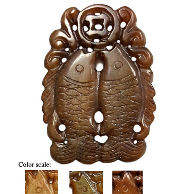HSIU JADE COUPLE FISHES WITH MONEY COIN 40X57MM BROWN PENDANT