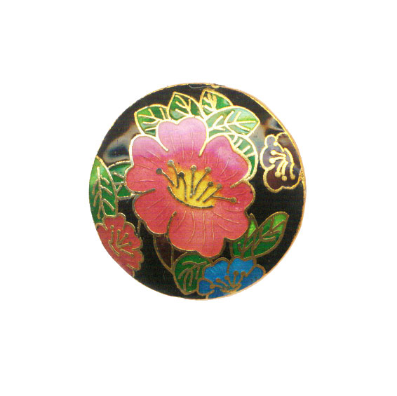 CLOISONNE FLOWER COIN (B)40MM BLACK FLOWER PENDANTS