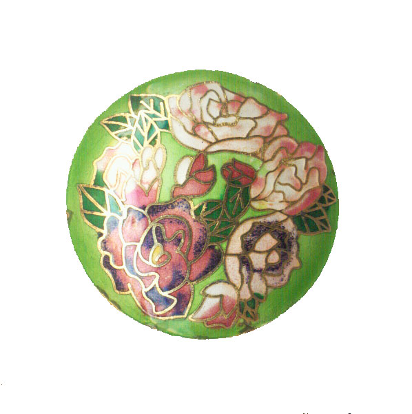 CLOISONNE FLOWERS COIN 50MM APPLE GREEN PENDANTS