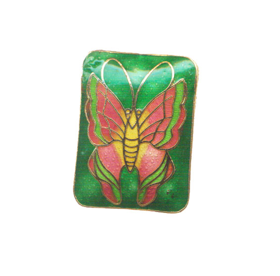 CLOISONNE BUTTERFLY RECTANGLE 30X40MM GREEN PENDANT