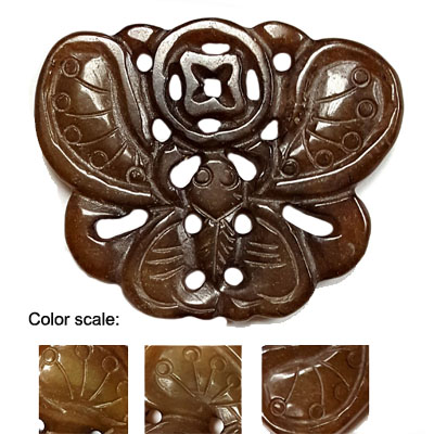 HSIU JADE BUTTERFLY WITH MONEY COIN 45X56MM BROWN PENDANT