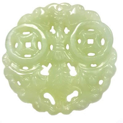 HSIU JADE COUPLE BIRDS WITH DOUBLE MONEY COIN 55MM GREEN PENDANT