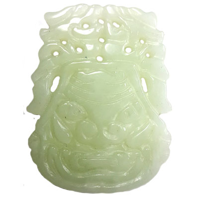 HSIU JADE COUPLE DRAGONS ON LION 45X58MM GREEN PENDANT