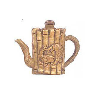 OX BONE CARVED BAMBOO TEA POT W/ FISH